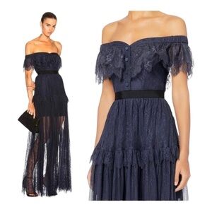 NWT SELF-PORTRAIT Navy Blue Off the Shoulder Fine Lace Maxi Dress US 2 Formal